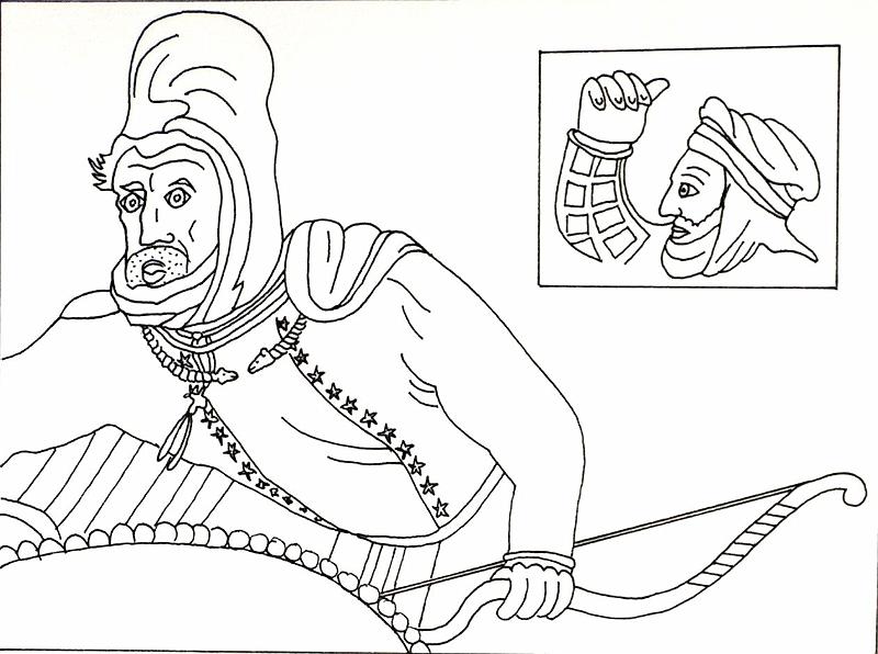 Kriegstracht Darios III. (Alexandermosaik)T42A1.jpg - Auf dem Alexandermosaik trägt Dareios eindeutig die medische Reitertracht mit Chlamys und Sigmabogen, die damit als die Kriegstracht des Großkönigs deutbar ist. In der Mitte der purpurne Streifen des Königs, beiderseits mit Sternenbesatz.In der späteren Literatur ranken sich vielerlei Geschichten um diese - lange Zeit als unbesiegbar geltende - Tracht.Ganz offenbar waren die Hersteller des Alexandermosaiks recht vertraut mit den persischen Bekleidungsgewohnheiten.